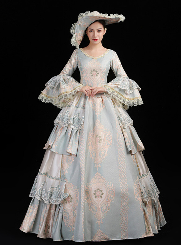 Blue Embroidery Long Sleeve Baroque Dress