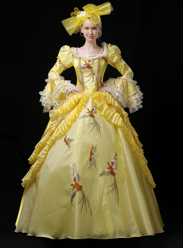 Yellow Satin Bird Appliques Long Sleeve Victorian Dress