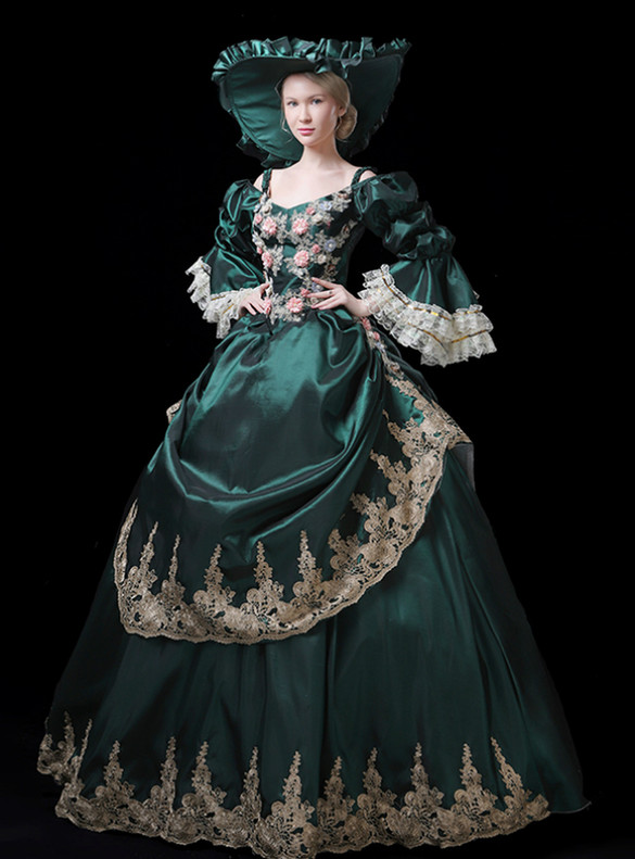 Green Satin 3D Appliques Long Sleeve Rococo Dress