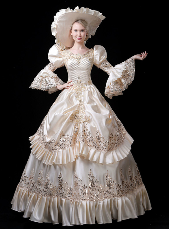 Champagne Satin Sequins Long Sleeve Rococo Baroque Dress