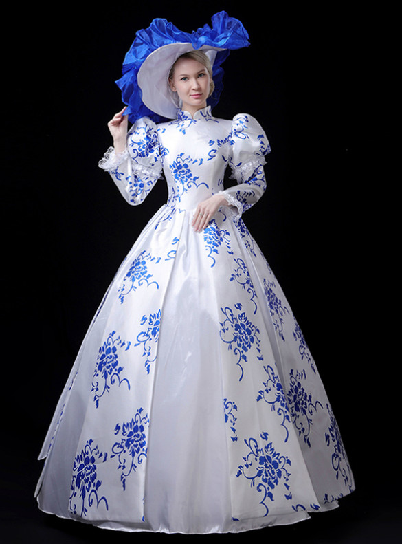 White Satin Print High Neck Long Sleeve Rococo Baroque Dress