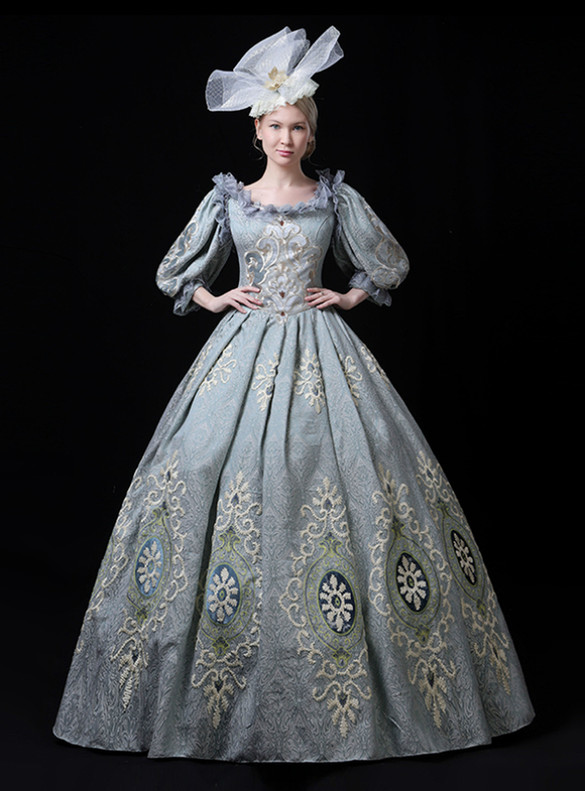 Blue Embroidery Appliques Puff Sleeve Victorian Dress