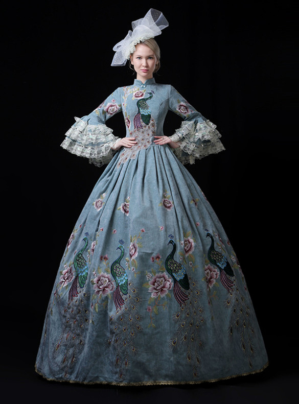Light Blue Embroidery Peacock Victorian Dress