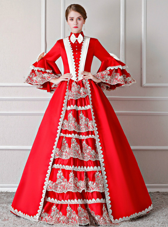 Red Satin Appliques Long Sleeve Rococo Dress