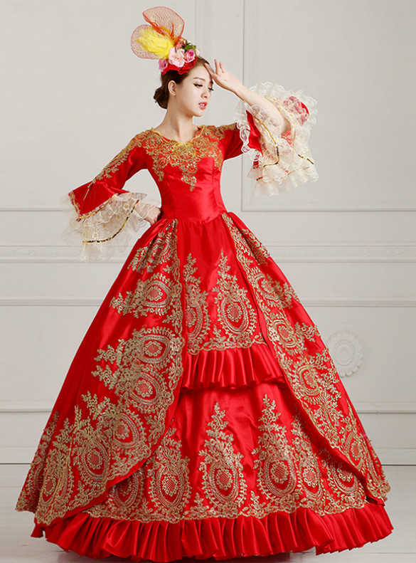 Red Satin Gold Appliques Long Sleeve Masquerade Dress