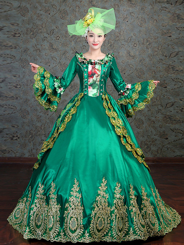 Green Satin Appliques Long Sleeve Baroque Vintage Dress