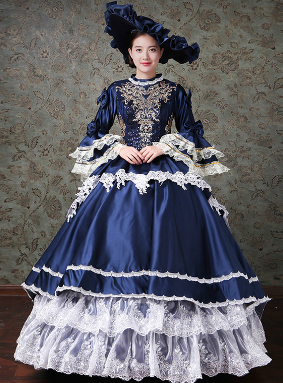 Navy Blue Satin Lace Sequins Long Sleeve Victorian Dress