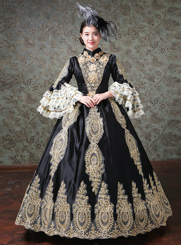 Black Satin Lace Appliques Long Sleeve Victorian Vintage Dress