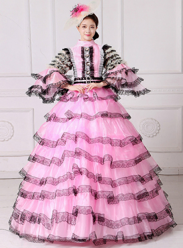 Pink Organza Tiers Lace High Neck Baroque Dress