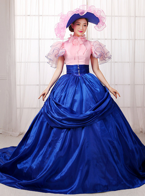 Royal Blue Satin Puff Sleeve Baroque Vintage Dress