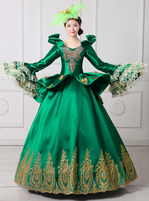 Green Satin V-neck Long Sleeve Appliques Victorian Dress