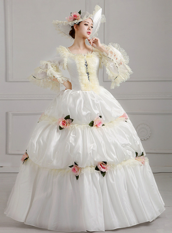 White Satin Pink Flower Long Sleeve Masquerade Dress