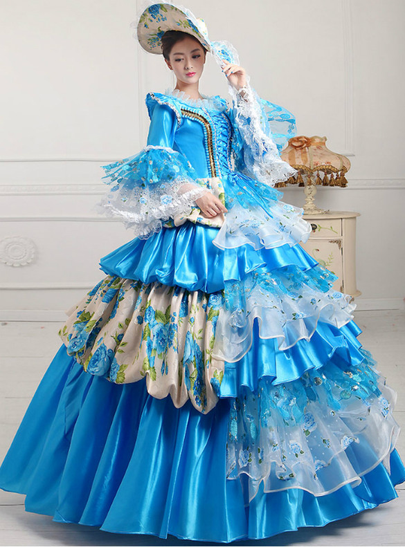 Ball Gown Blue Satin Print Victorian Dress