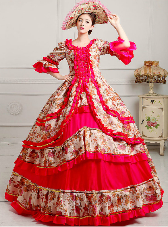 Red Satin Print Short Sleeve Rococo Baroque Dress