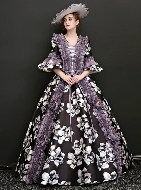 Black Satin Print Puff Sleeve Baroque Vintage Dress
