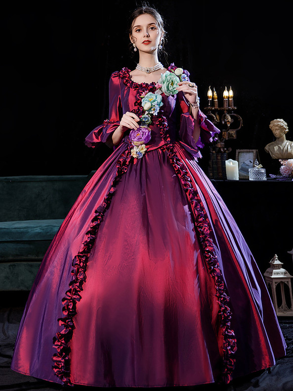 Gradient Purple Satin Short Sleeve 3D Flower Baroque Dress