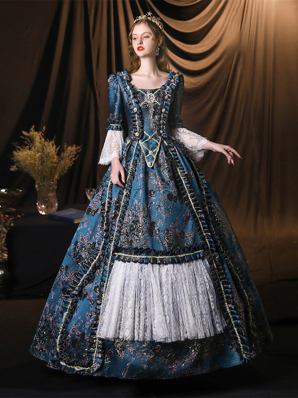 Blue Lace Square Long Sleeve Rococo Baroque Dress