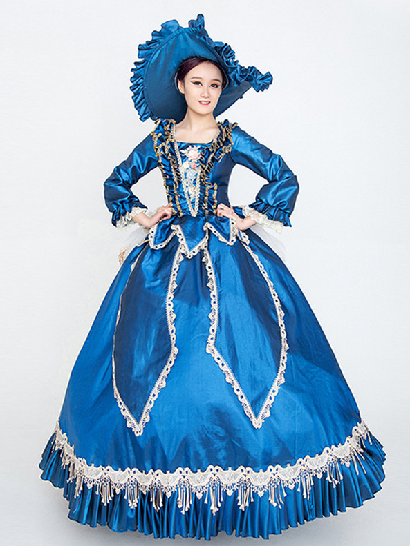 Royal Blue Satin Appliques Long Sleeve Victorian Dress