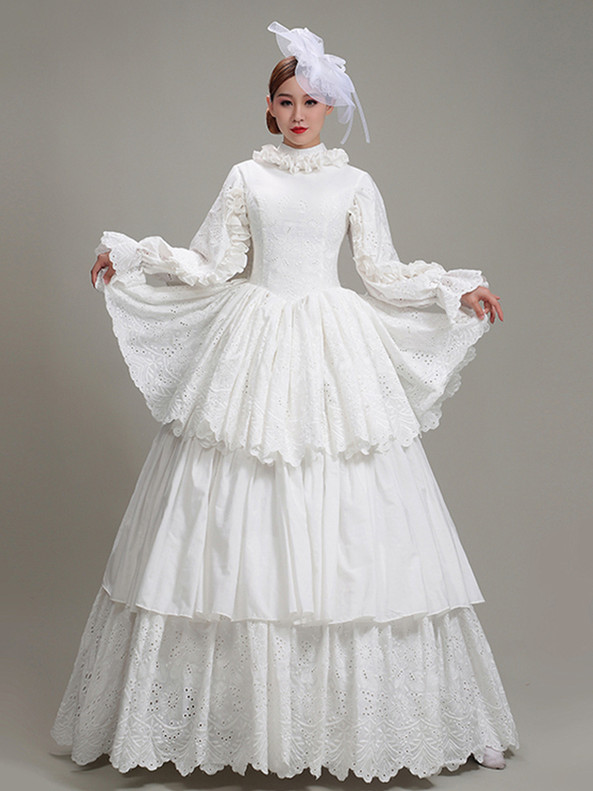 White Long Sleeve Lace High Neck Rococo Baroque Dress