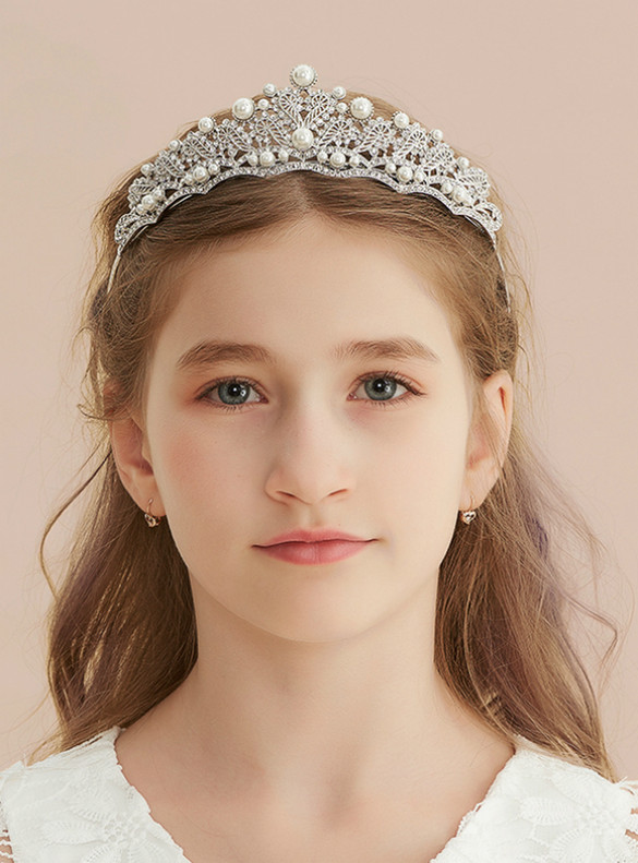 Silver White Beading Pearls Girls Crown