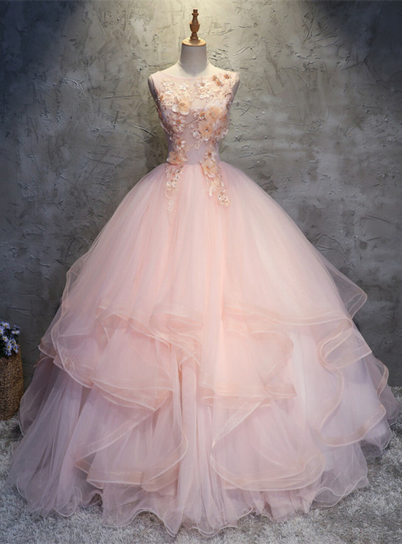 Pink Tulle Appliques Beading Backless Quinceanera Dress