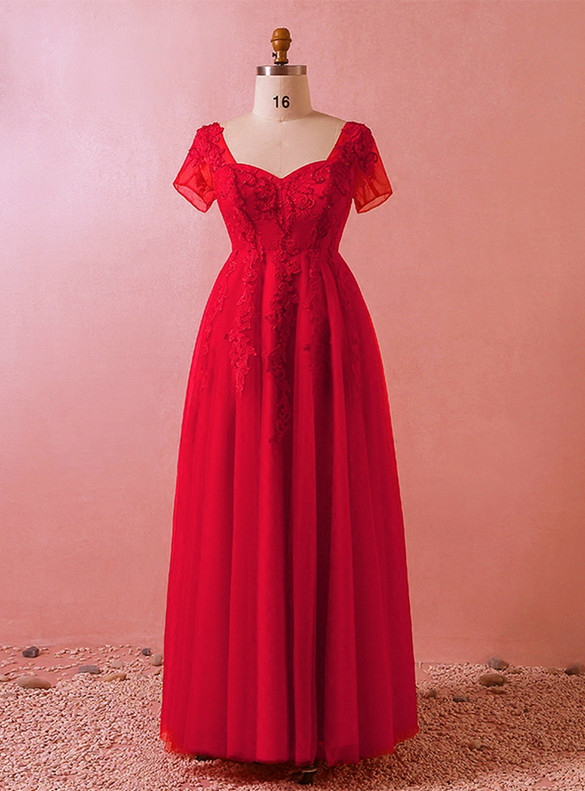 Plus Size Red Tulle Square Appliques Beading Prom Dress