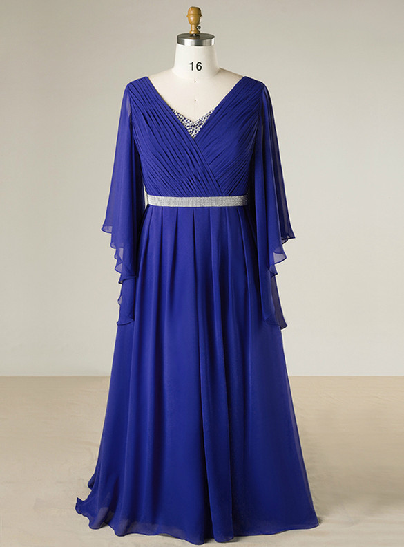 Plus Size Royal Blue Chiffon V-neck Pleats Prom Dress