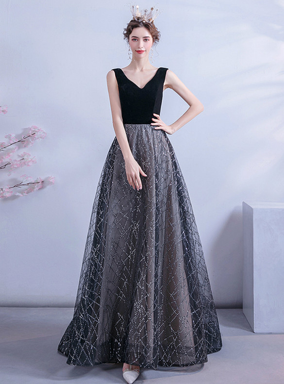 In Stock:Ship in 48 Hours Black Tulle Sequins Prom Dress