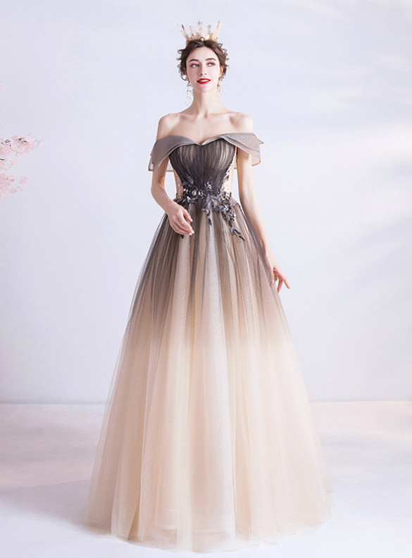 In Stock:Ship in 48 Hours Coffee Tulle Appliques Pleats Prom Dress