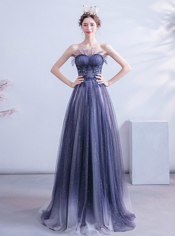 In Stock:Ship in 48 Hours Blue Tulle Sequins Strapless Prom Dress