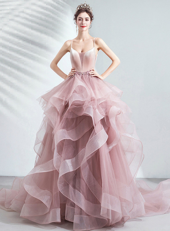 In Stock:Ship in 48 Hours Pink Tulle Appliques Beading Prom Dress