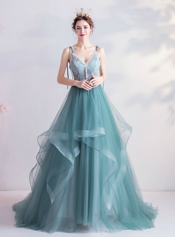 In Stock:Ship in 48 Hours Blue Tulle Lace Straps Prom Dress