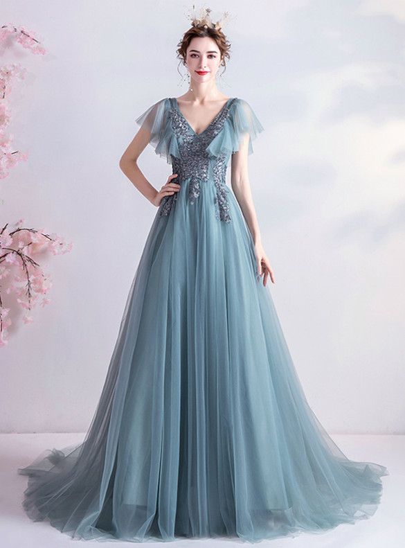 In Stock:Ship in 48 Hours Blue V-neck Appliques Beading Prom Dress