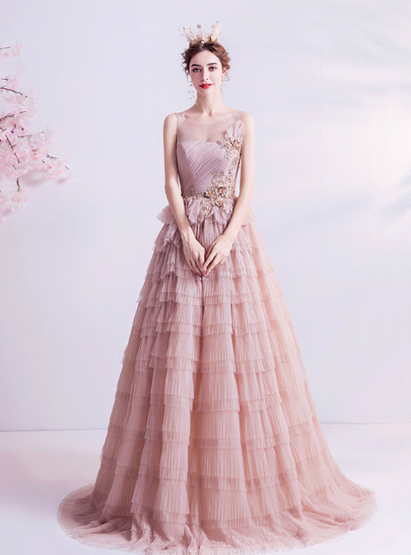 In Stock:Ship in 48 Hours Pink Tulle Tiers Appliques Prom Dress