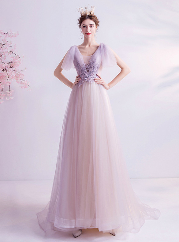 In Stock:Ship in 48 Hours Tulle V-neck Appliques Prom Dress