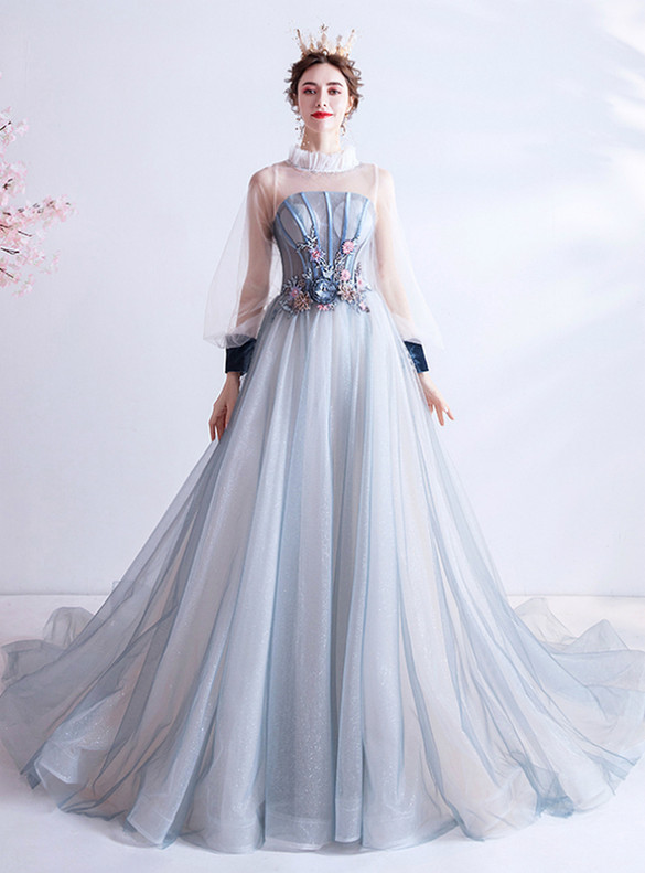 In Stock:Ship in 48 Hours Blue Illusion Tulle Prom Dress