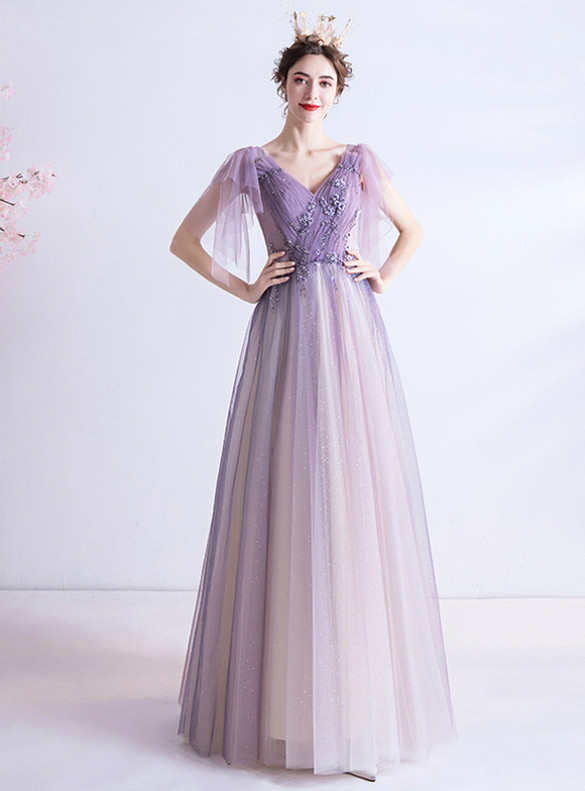 In Stock:Ship in 48 Hours Purple Tulle Pleats V-neck Prom Dress