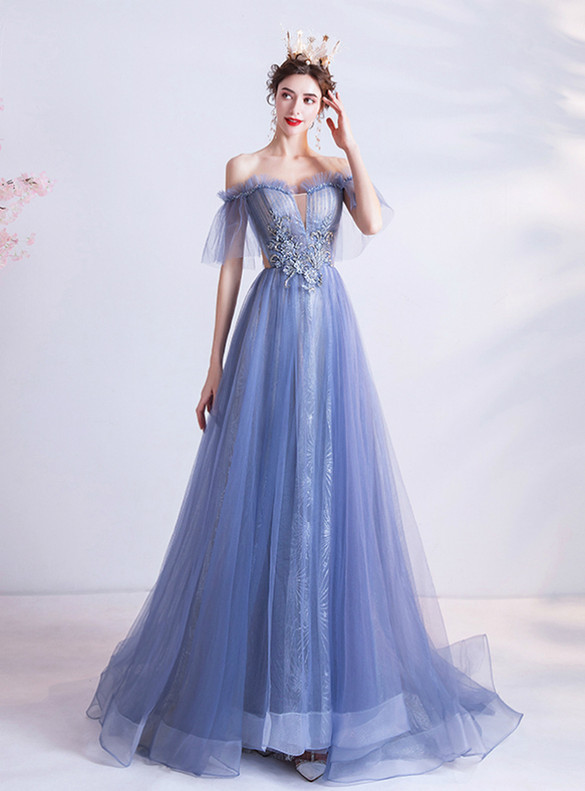 In Stock:Ship in 48 Hours Blue Appliques Beading Prom Dress