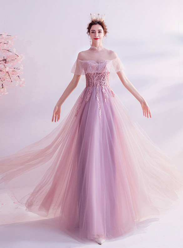 In Stock:Ship in 48 Hours Pink See-through Neck Prom Dress