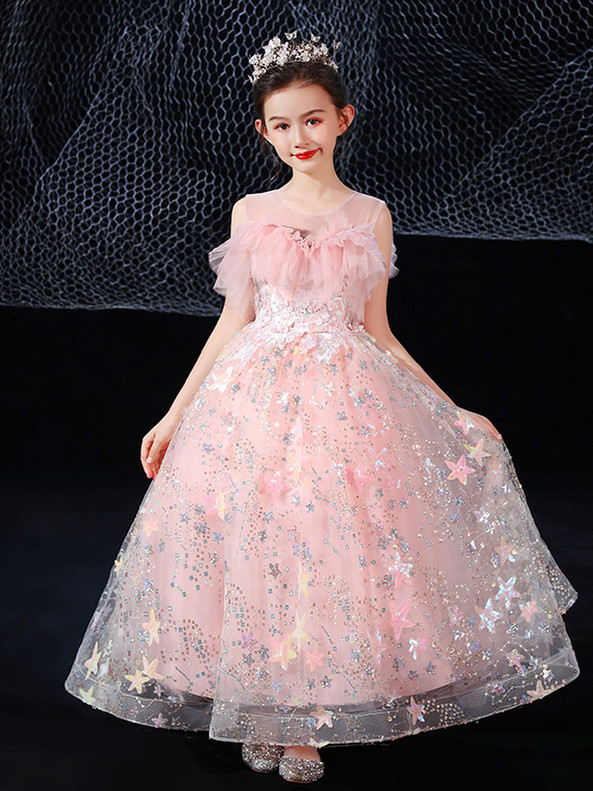 In Stock:Ship in 48 Hours Pink Star Sequins Flower Girl Dress