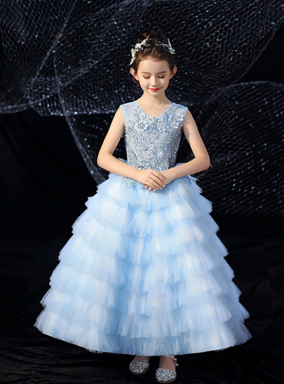 In Stock:Ship in 48 Hours Blue Appliques Beading Flower Girl Dress