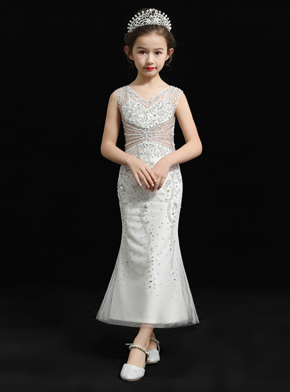 In Stock:Ship in 48 Hours White Beading Crystal Flower Girl Dress