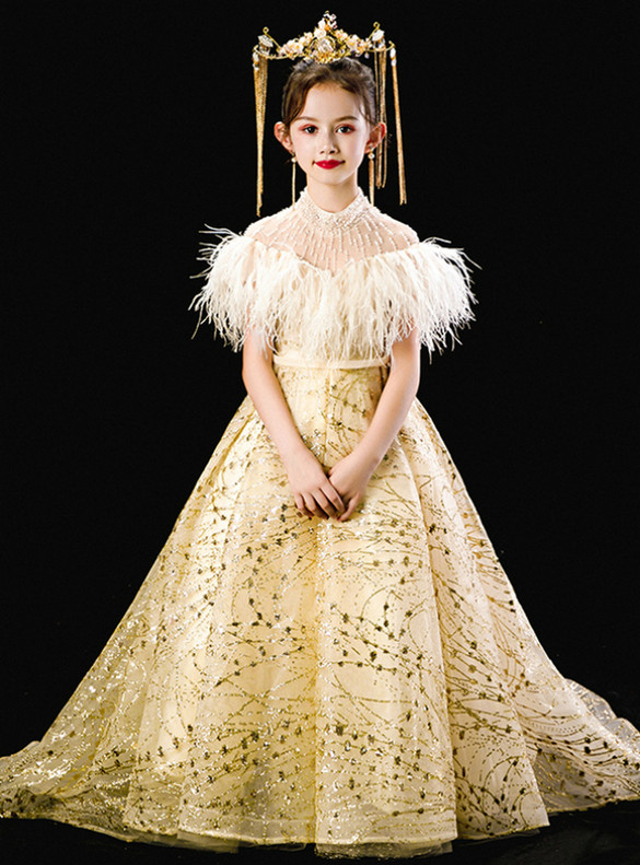 In Stock:Ship in 48 Hours Gold Sequins Feather Flower Girl Dress