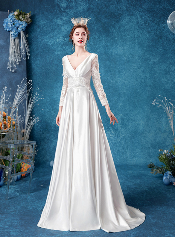 In Stock:Ship in 48 Hours White Satin Appliques V-neck Wedding Dress