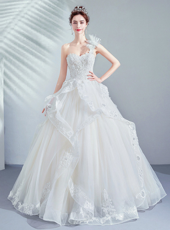 In Stock:Ship in 48 Hours One Shoulder Appliques Wedding Dress