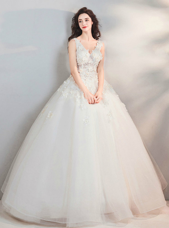 In Stock:Ship in 48 Hours V-neck Appliques Wedding Dress