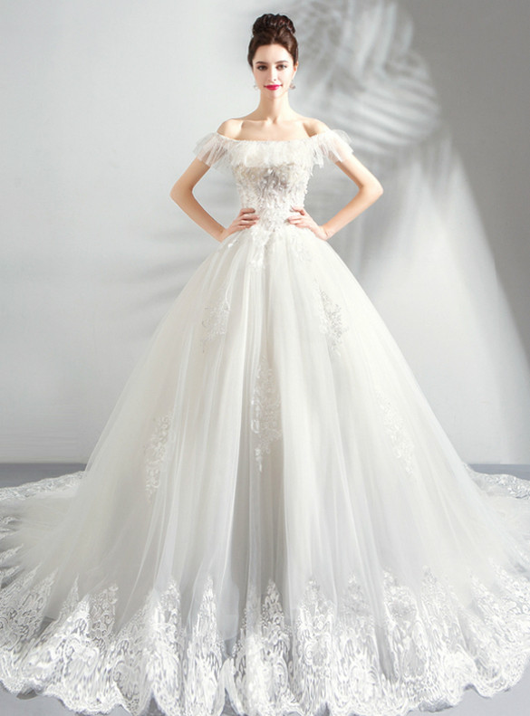 In Stock:Ship in 48 Hours White Tulle Lace Beading Wedding Dress