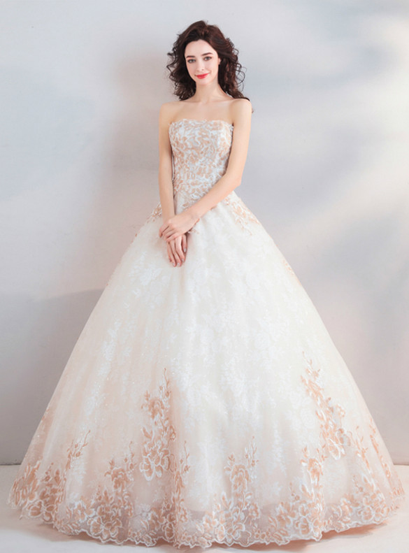 In Stock:Ship in 48 Hours Tulle Appliques Strapless Wedding Dress