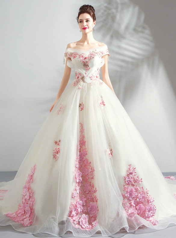 In Stock:Ship in 48 Hours White Tulle Pink 3D Appliques Wedding Dress