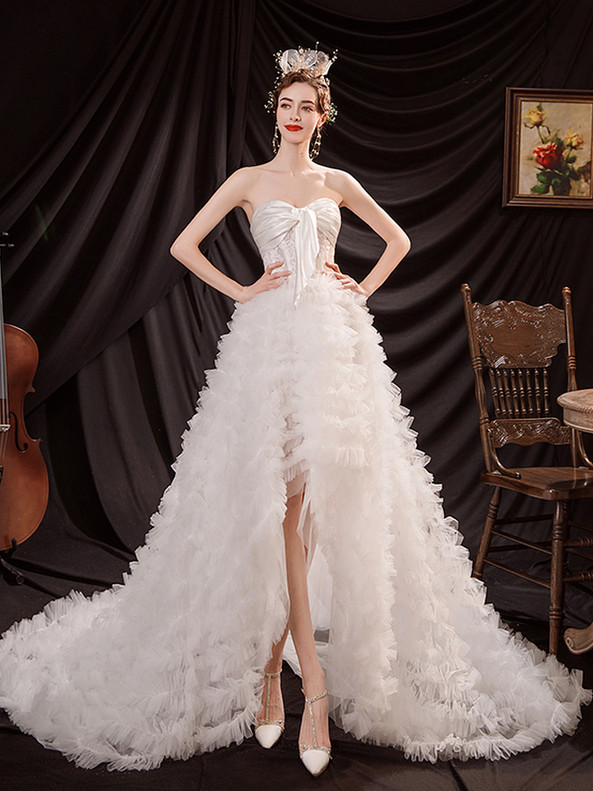 In Stock:Ship in 48 Hours White Hi Lo Tulle StraplessWedding Dress